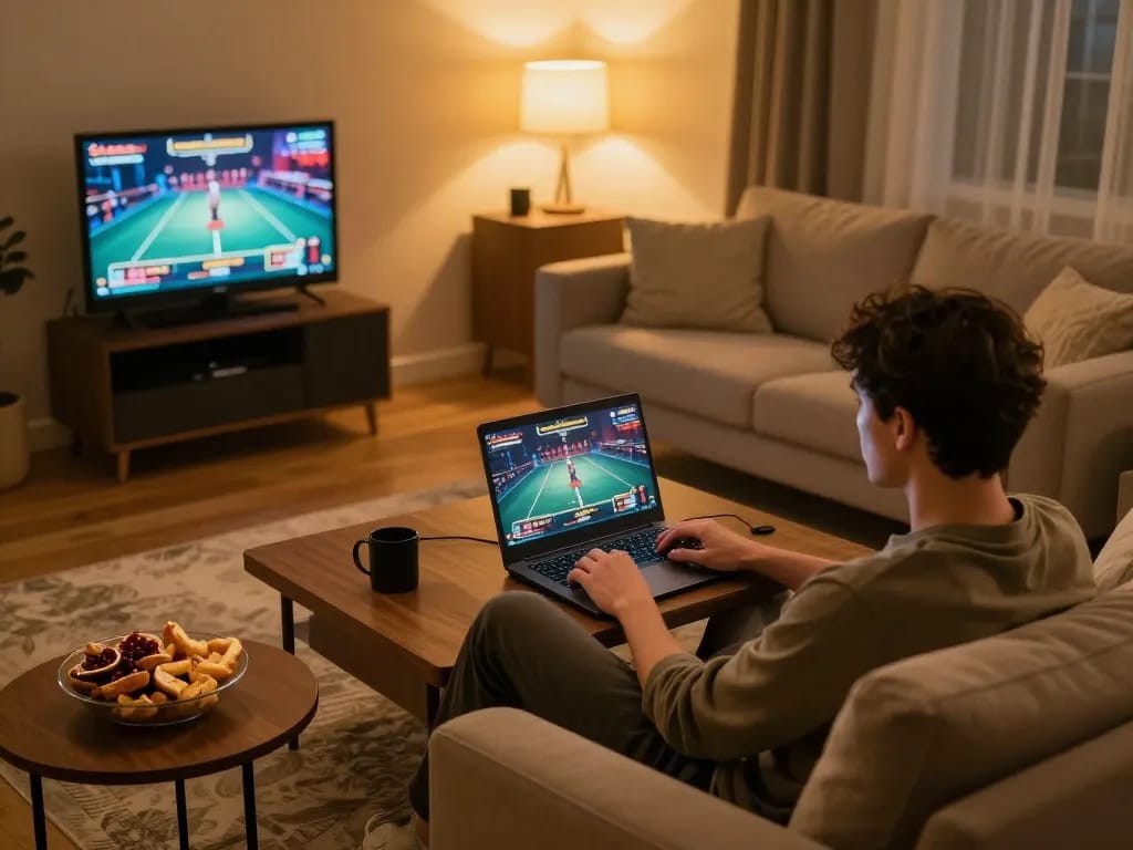 Nạp tiền LUCK8 quickly in a cozy home gaming setup while using a laptop.