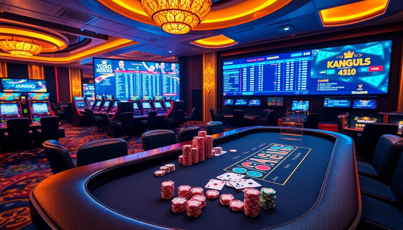 Xoso66 players engaging at a vibrant poker table surrounded by casino elements and excitement.