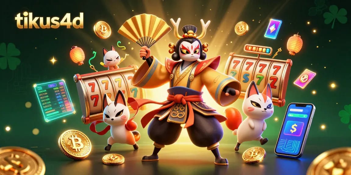 Tikus4D features a kabuki warrior and kitsune mask amidst vibrant slot game elements, inviting engaging play.