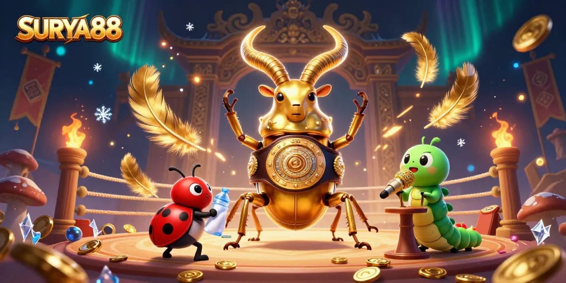 SURYA88 showcases a vibrant 3D casino scene featuring a giant stag beetle in a boxing stance which represents exciting betting action.