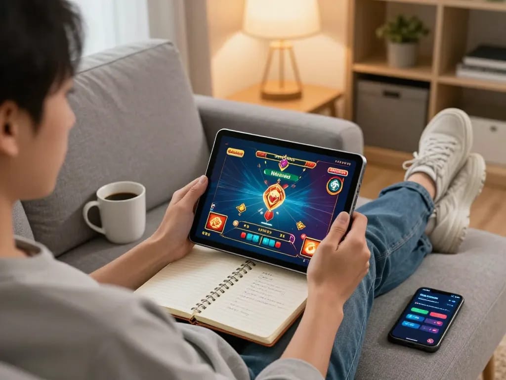 Player engages in online casino gaming at home using the Nhà cái KONG88 app on a tablet, surrounded by a cozy atmosphere.