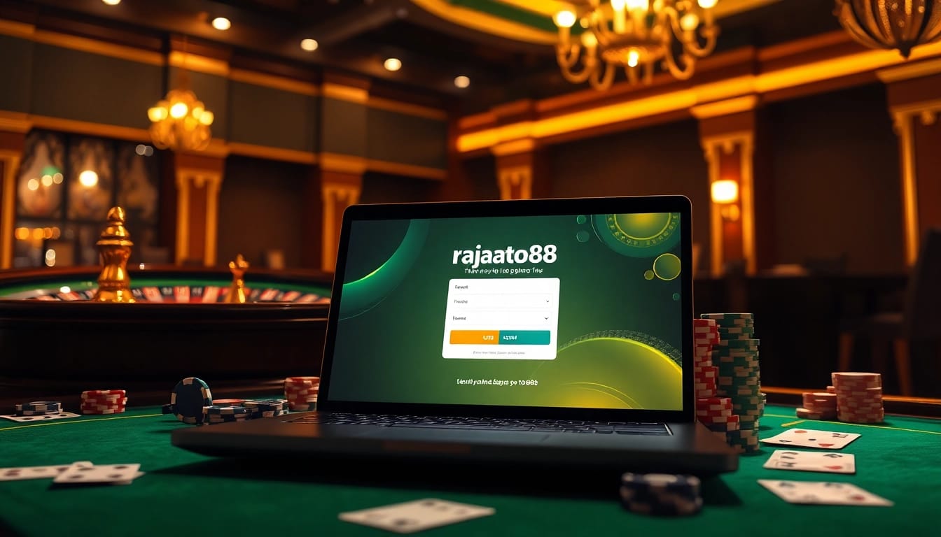Experience the excitement of online gaming with login rajatoto88 showcasing a stylish casino scene.