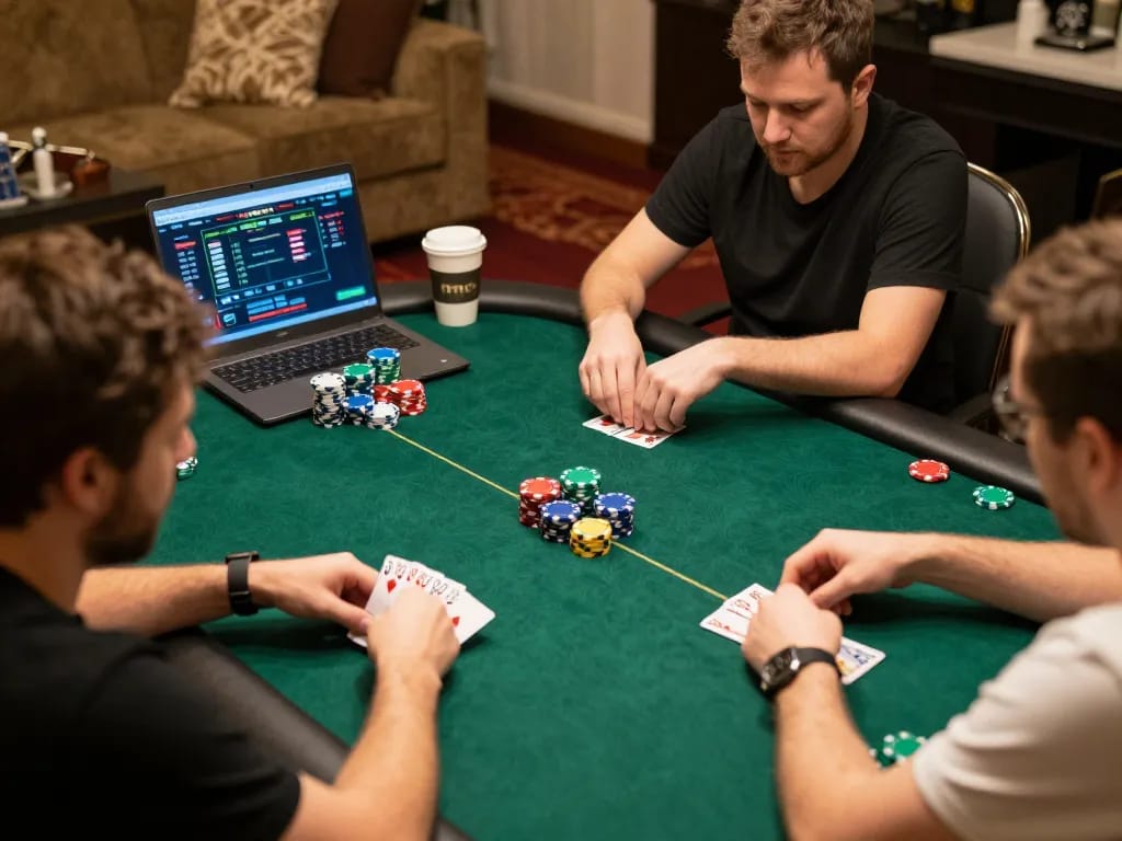 hm88 players engaging in an intense online poker game from a cozy setting with chips visible