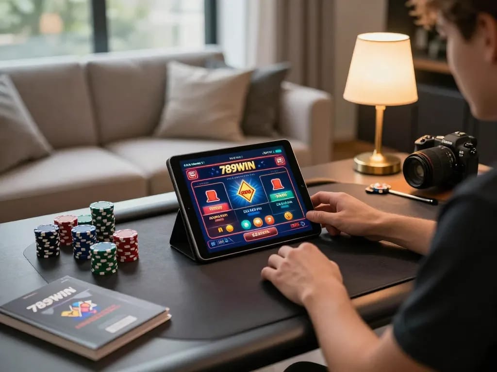 Engaged player using the 789WIN tablet for online gaming with vibrant interface in a cozy setting.