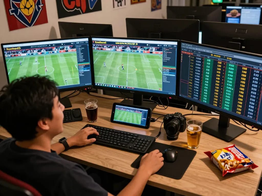 Person using Keonhacai5 to place sports bets during live match, showing excitement in a modern setting.