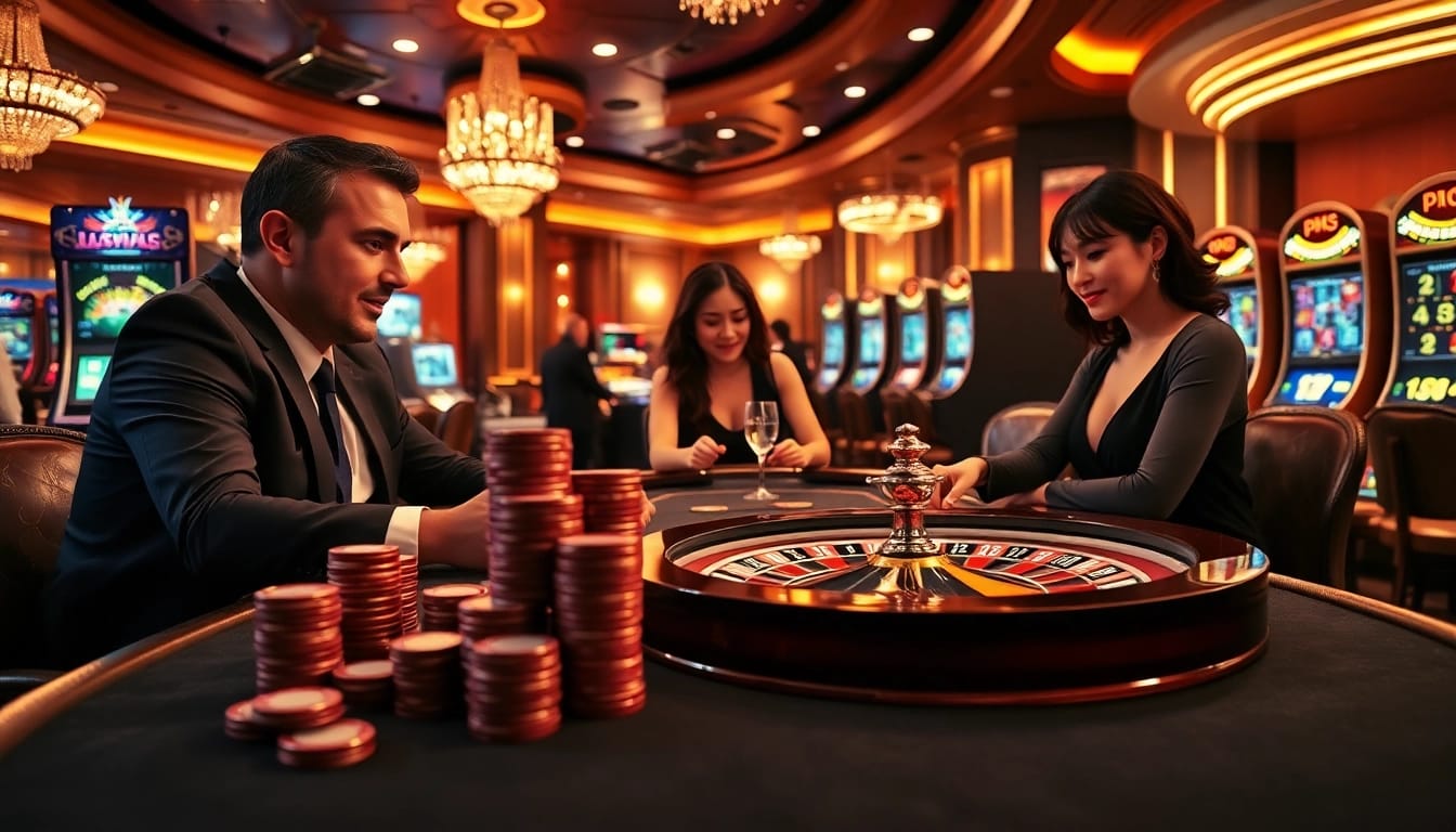 Experience the excitement of Nhà Cái 68VIP Có Uy Tín with elegant casino tables, vibrant slot machines, and engaged players.