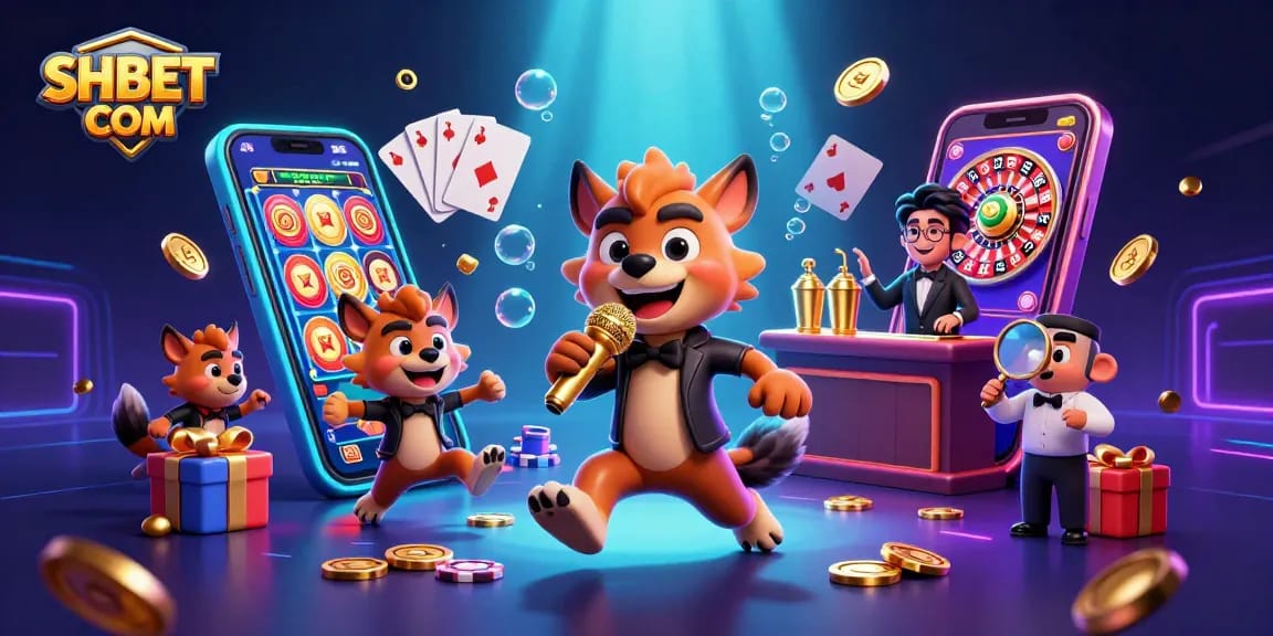 Engage with SHBET COM's lively casino scene showcasing hyenas in dynamic roles, enjoying vibrant gaming action.
