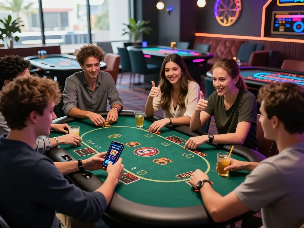 Excited friends celebrating a win while using SC88.COM app at a vibrant gaming lounge.