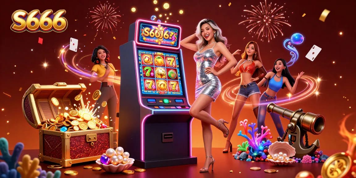 S666 brings thrilling gameplay to life with vibrant characters and dynamic casino elements in this 3D illustration.