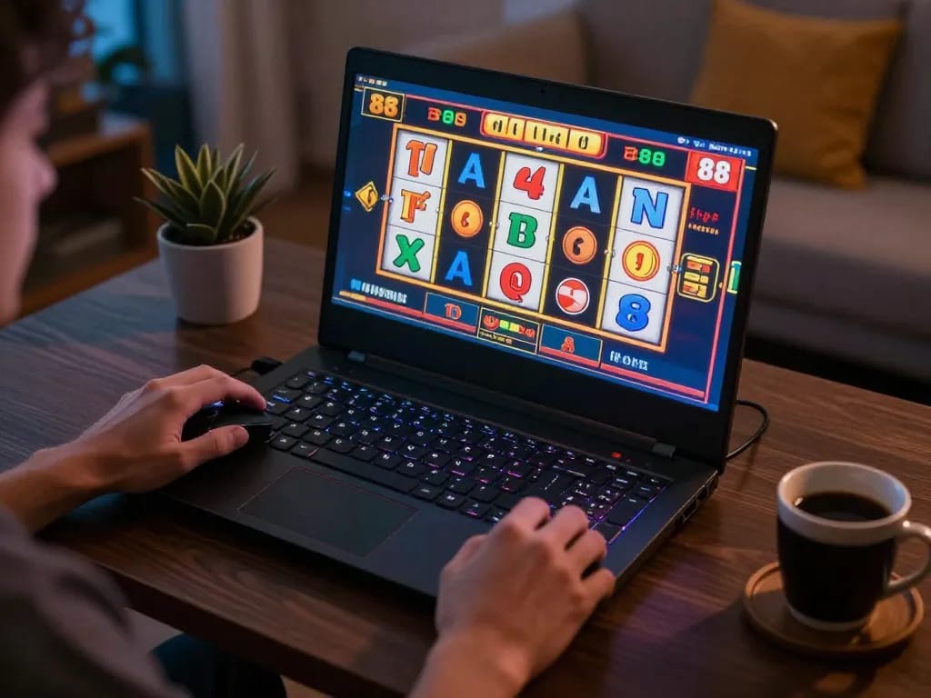 Player spinning slot88 reels on a laptop, showcasing excitement and modern gaming setup.