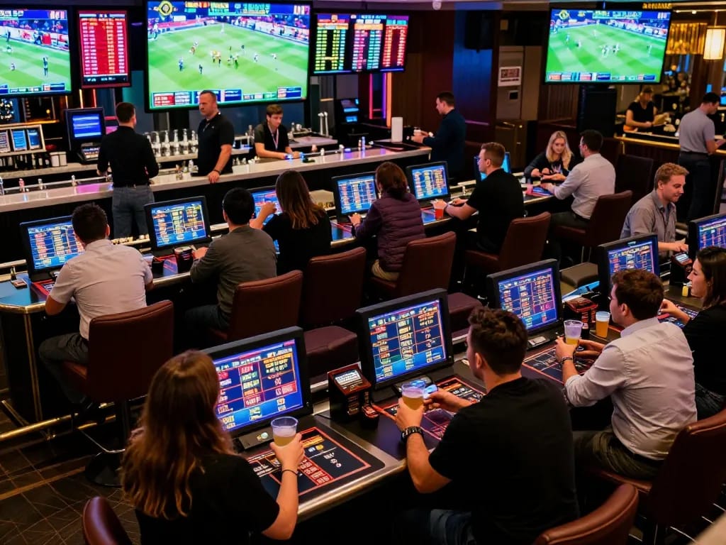 Excited patrons engaged in sports betting at a luxury lounge with real-time odds displayed.