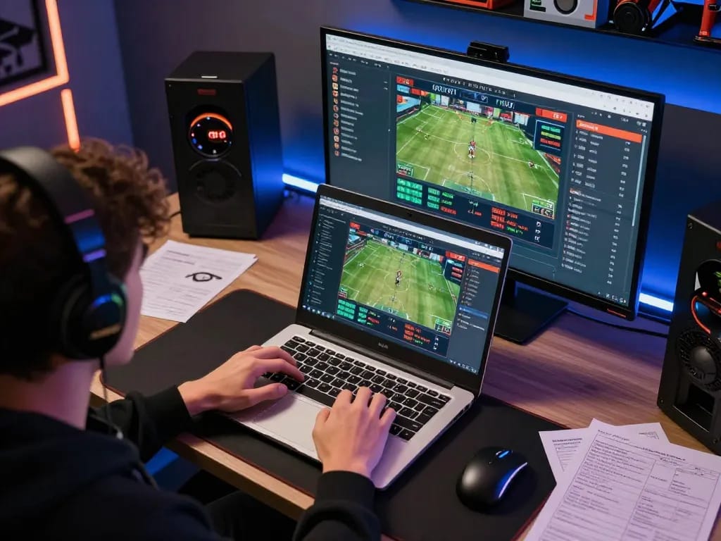 Person actively engaging in sports betting on cm88 com using a multi-screen setup, reflecting strategic gameplay.