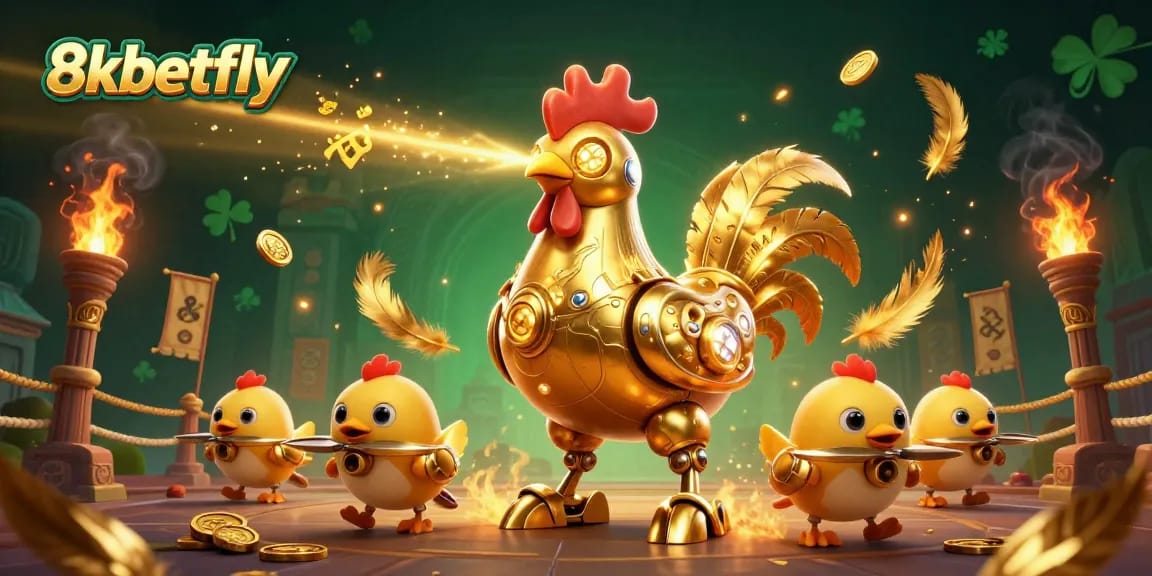 Engage with thrilling games at 8xbetfly featuring a dynamic golden rooster robot in a lively casino setting.