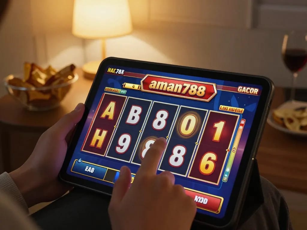 Seseorang yang menikmati permainan aman788 slot gacor di tablet, menampilkan permainan yang menarik dan kenyamanan di rumah.