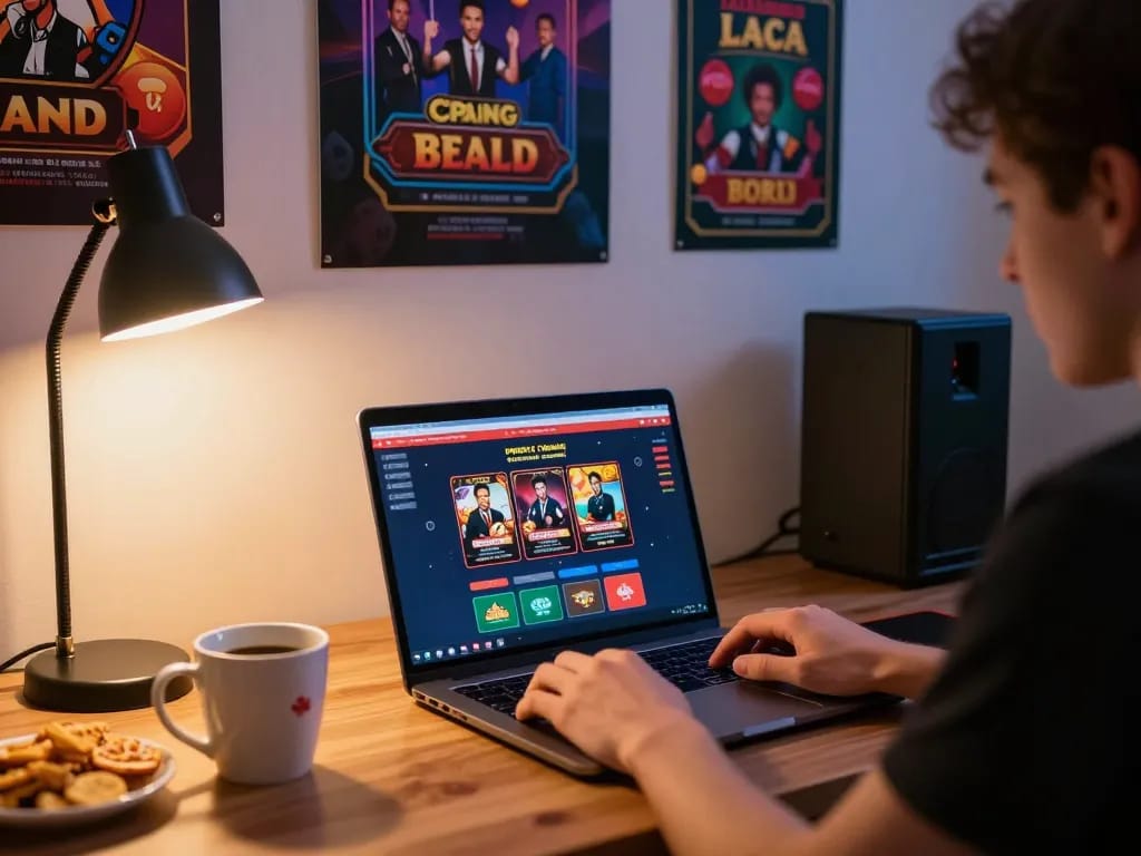Engaging gameplay at Canadian online casinos on a laptop with snacks and warm lighting