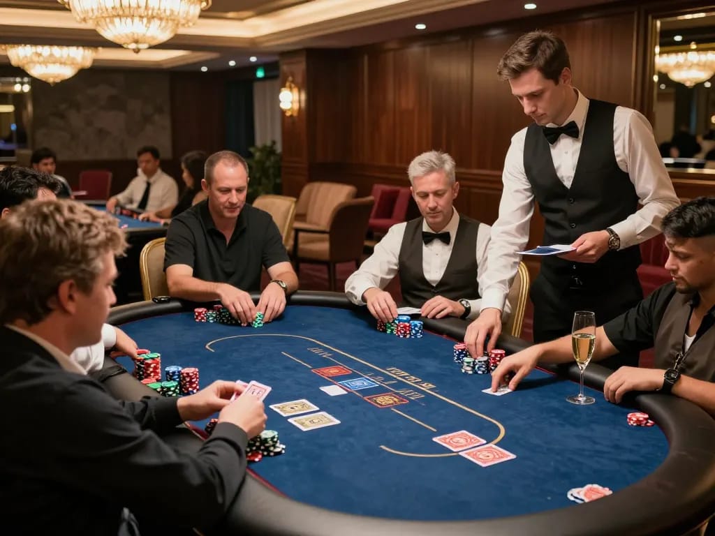 High-rollers playing poker at a luxurious live GO8 casino table, showcasing elite gaming experience