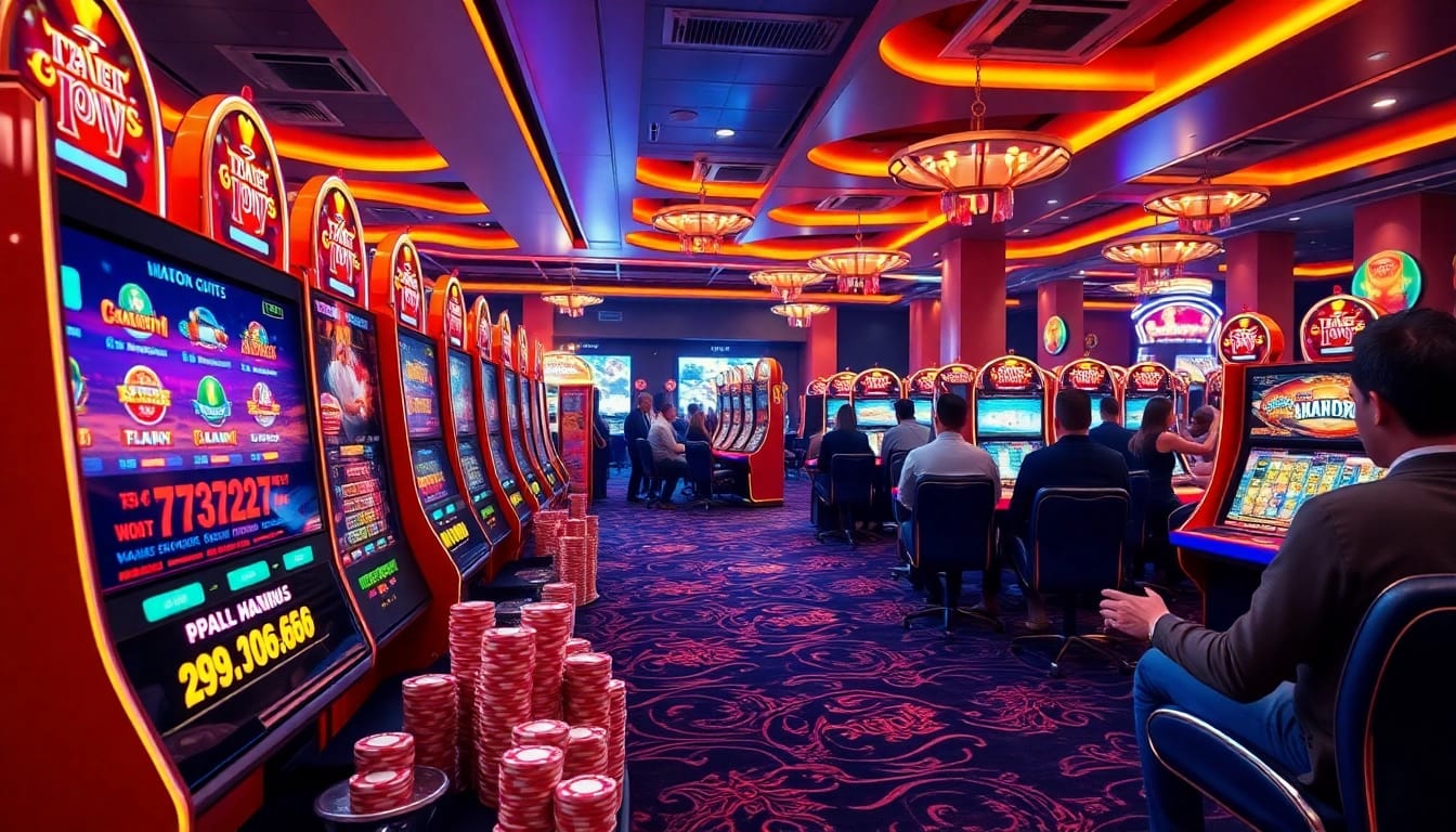 Sebuah suasana permainan online yang mendebarkan menampilkan pemain yang menikmati mesin slot aman788 slot gacor dan chip poker di tengah dekorasi kasino yang berwarna-warni.
