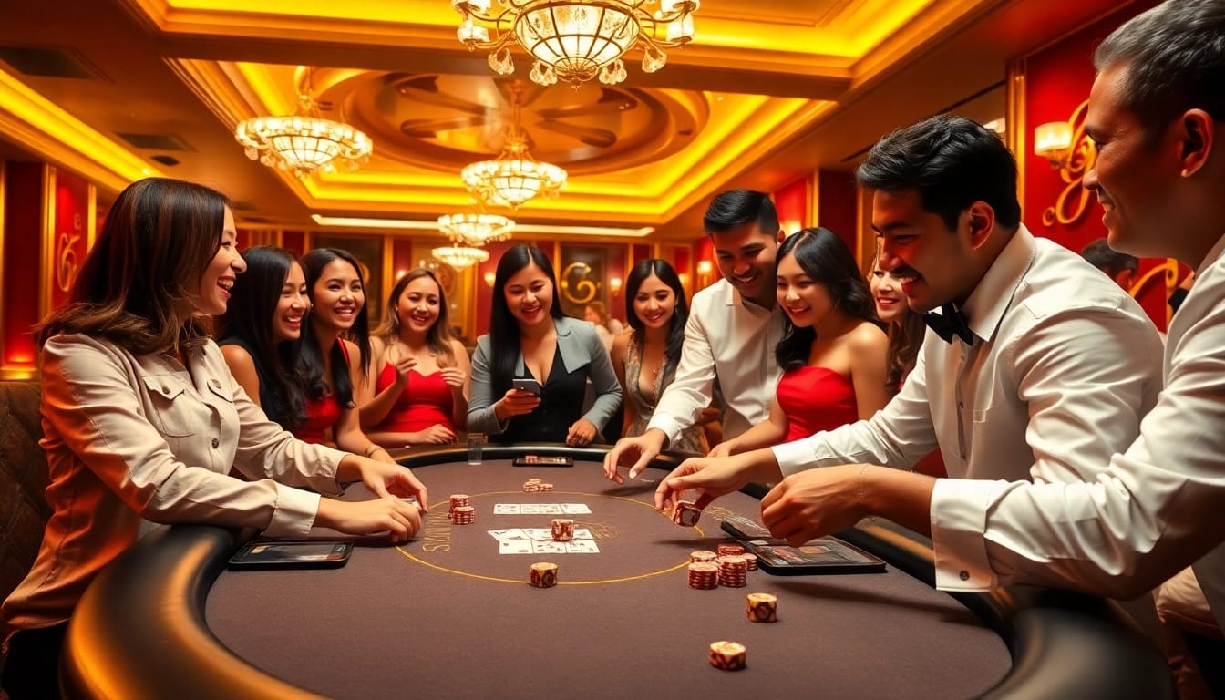 Players enjoying a thrilling game of poker at MB66 casino, surrounded by luxurious atmosphere.