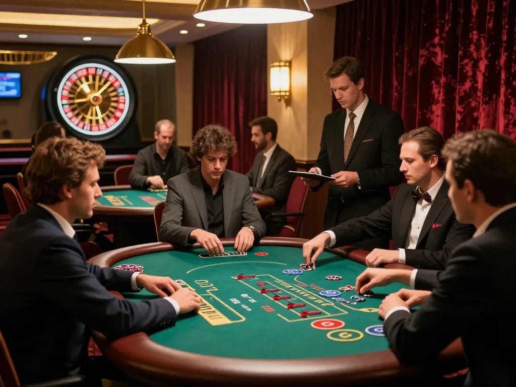 Players strategizing at tg88 blackjack tables in an upscale casino atmosphere.