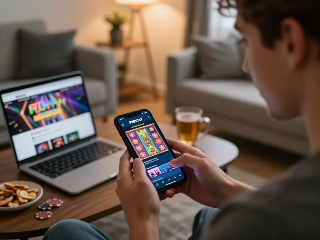 Player engaging with F8BETLV online casino app on smartphone, showcasing vibrant slot game in cozy home
