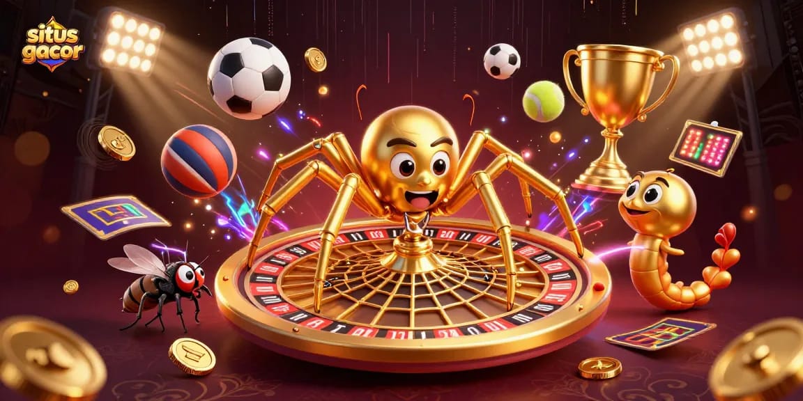 Experience situs gacor with a thrilling roulette wheel scene featuring a betting fly and spider croupier.