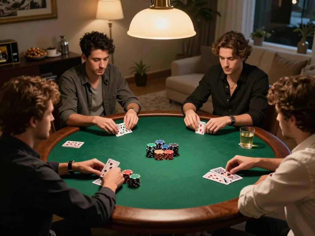 Players enjoying a poker game at home, highlighting Điều khoản sử dụng for a safe gambling experience.