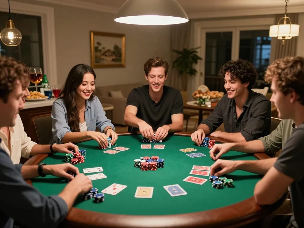 Friends enjoying a lively poker game at home, showcasing the engaging atmosphere of the 98win club.