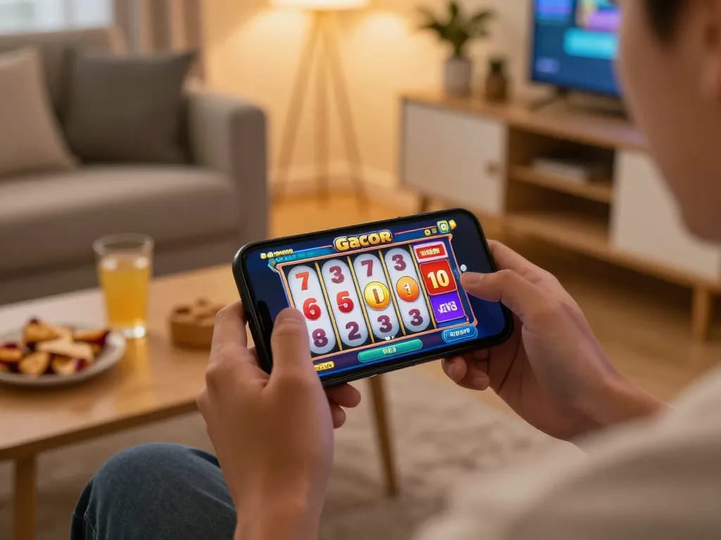Engaging in a slot gacor online gaming session on a smartphone, enjoying a cozy home vibe
