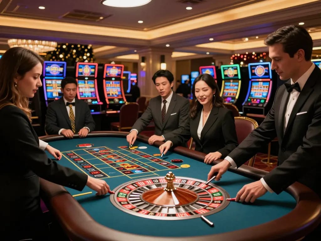 Experience the thrill of secret giris casino with players at an upscale roulette table making strategic bets.