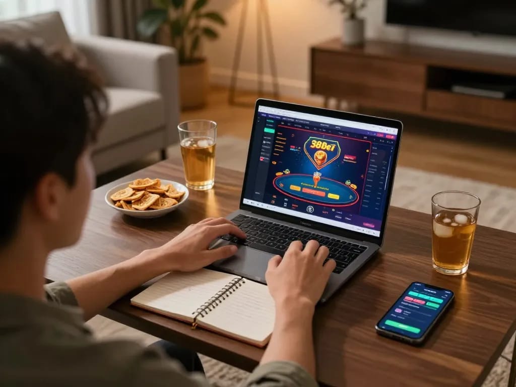 Engaging in online betting on 388bet with vibrant graphics in a cozy home setup
