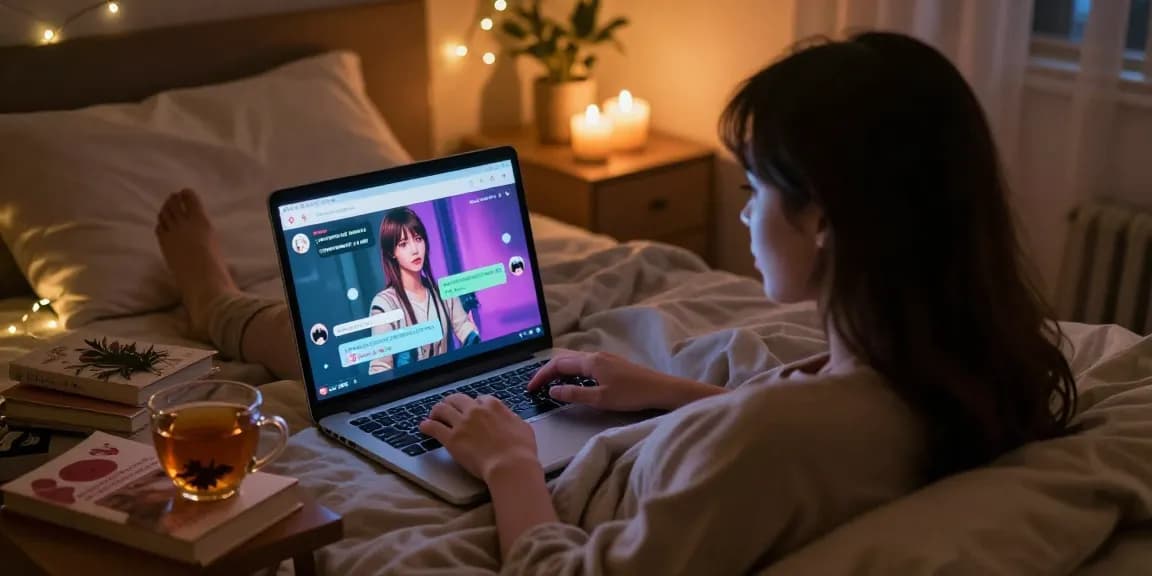 Engaging NSFW chat setting with user interacting with AI character, cozy bedroom atmosphere.