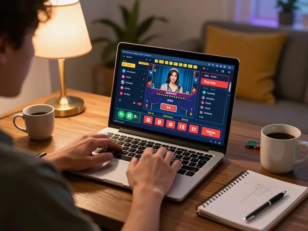 Engaging in online gambling at https://f168.osaka/ with a live game interface depicted in a cozy home setting.