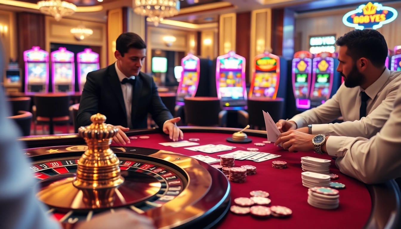 Experience high-stakes poker action with the 888YES brand in a luxury casino setting.