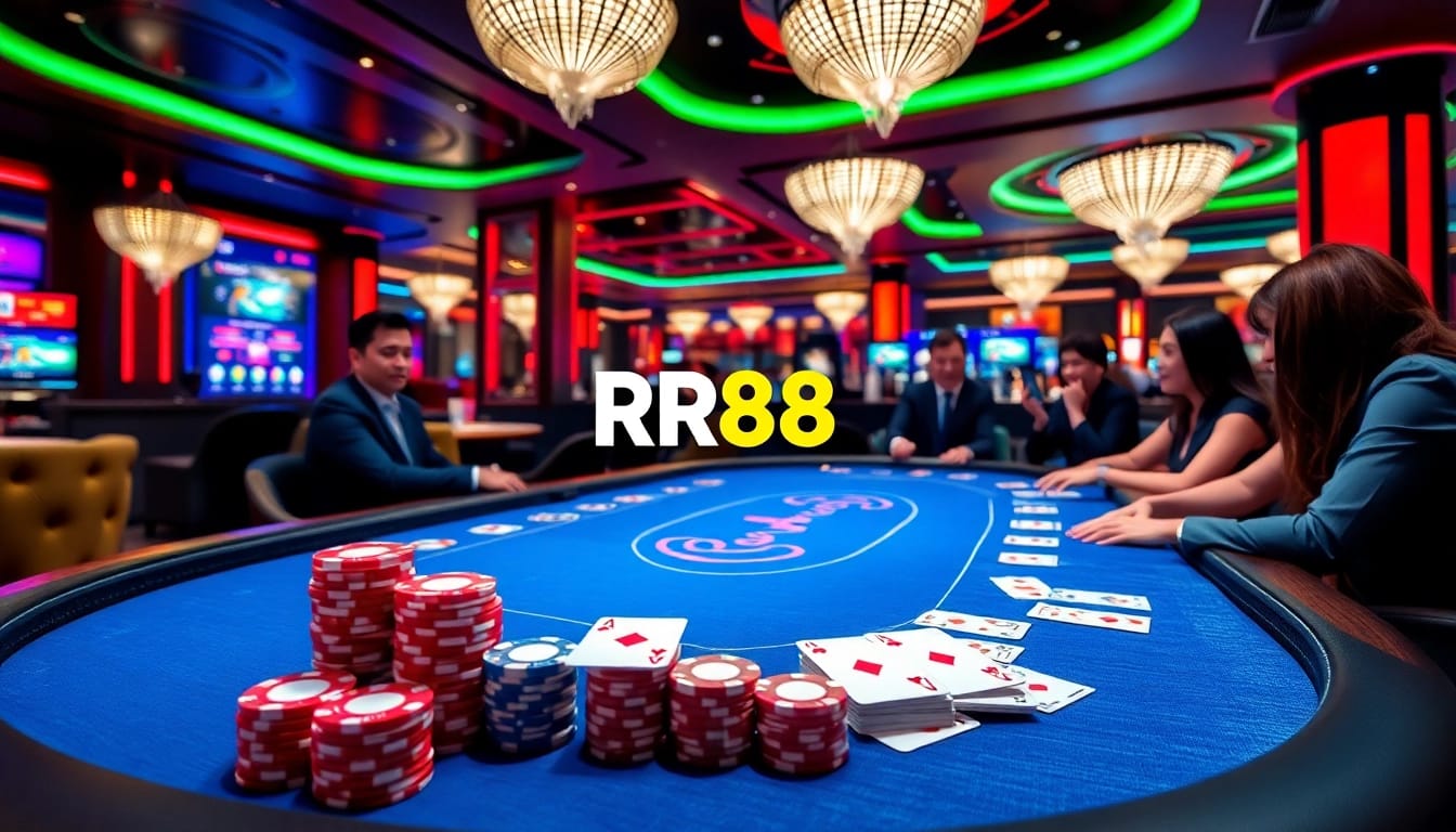 Exciting scene of "Trang Chủ RR88" online casino with poker action and vibrant ambiance.