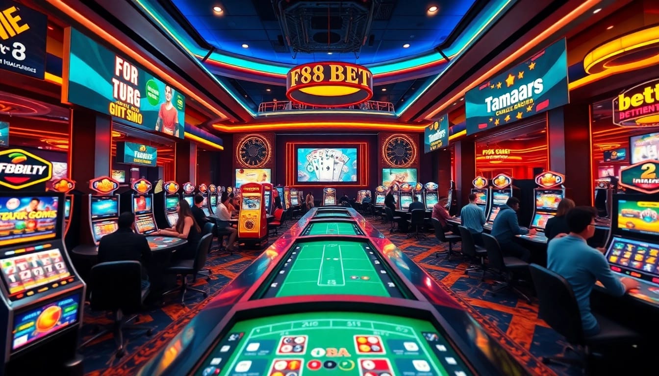 Exciting atmosphere of F88BET online casino with vibrant games and engaged players.
