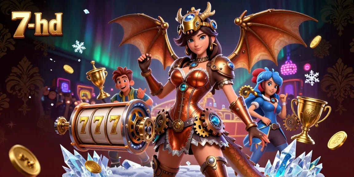Experience thrilling gameplay with 7-hd featuring a steampunk woman, slot reels, and gold coins.