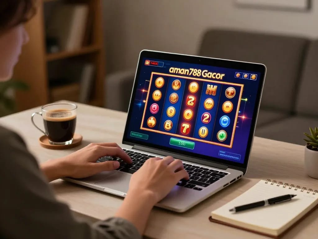 Terlibat dalam aman788 slot gacor di laptop, menampilkan grafik slot yang cerah dan pengaturan strategi yang nyaman.