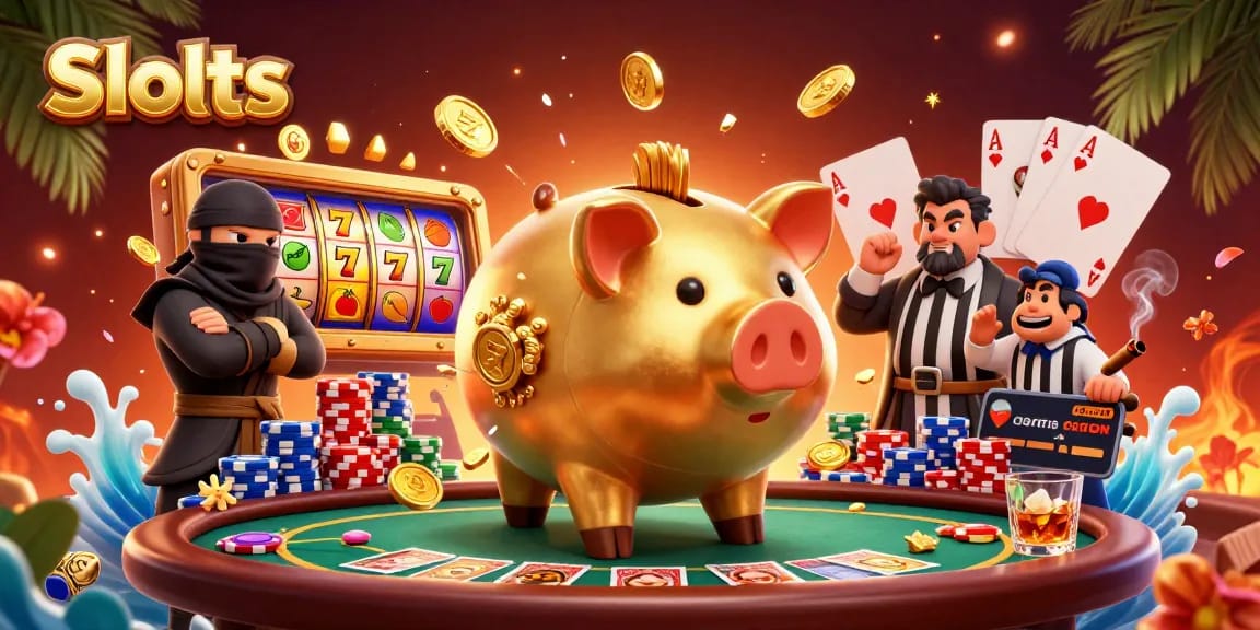 Slots illustration featuring a golden piggy bank wrestler, wallet ninja, and card samurai with vibrant casino elements.