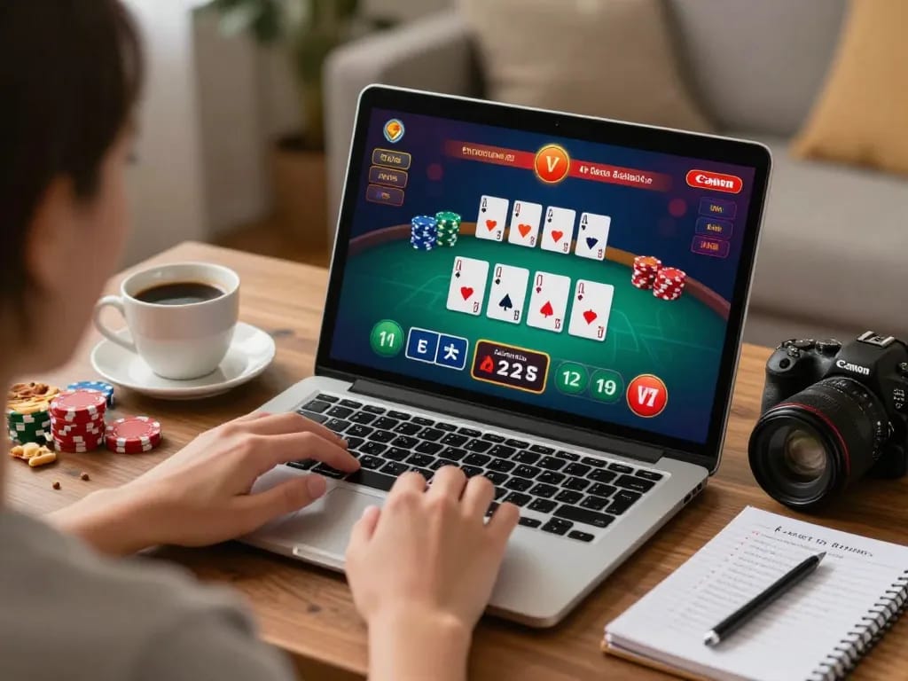 KONG 88 player's intense focus on live blackjack gameplay on laptop showcasing strategic betting.