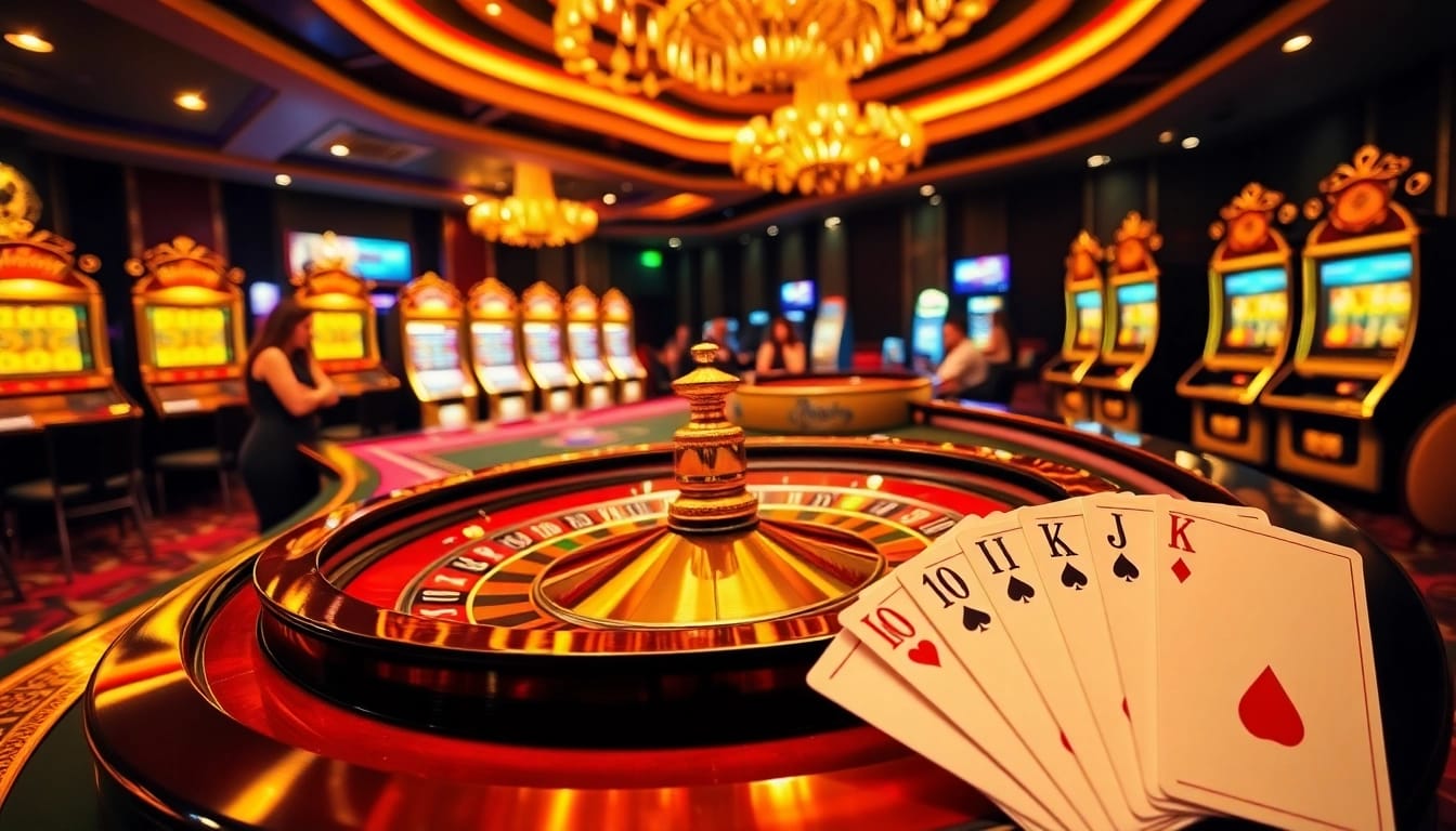 Exciting casino atmosphere featuring roulette and slot machines at win678 bet.