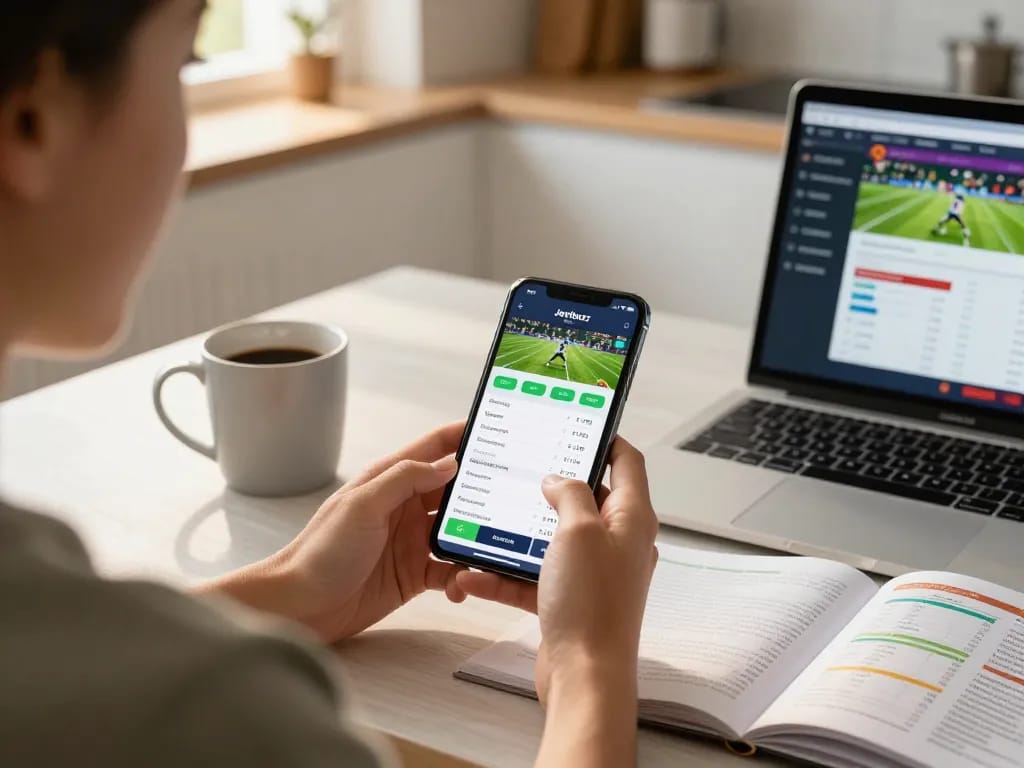 Using the Jeetbuzz App for sports betting with smartphone on kitchen table.
