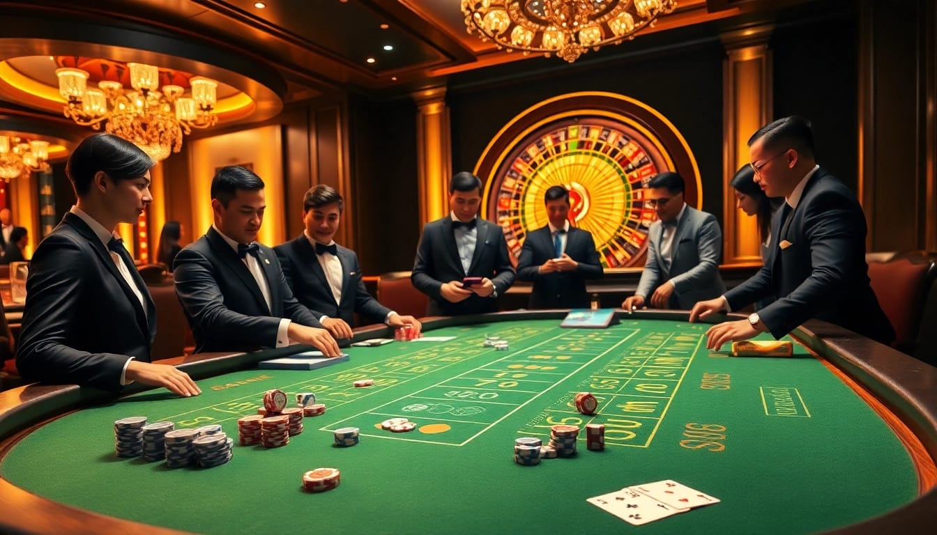 Casino mm88 players enjoying an exciting baccarat game amid a luxurious casino backdrop.