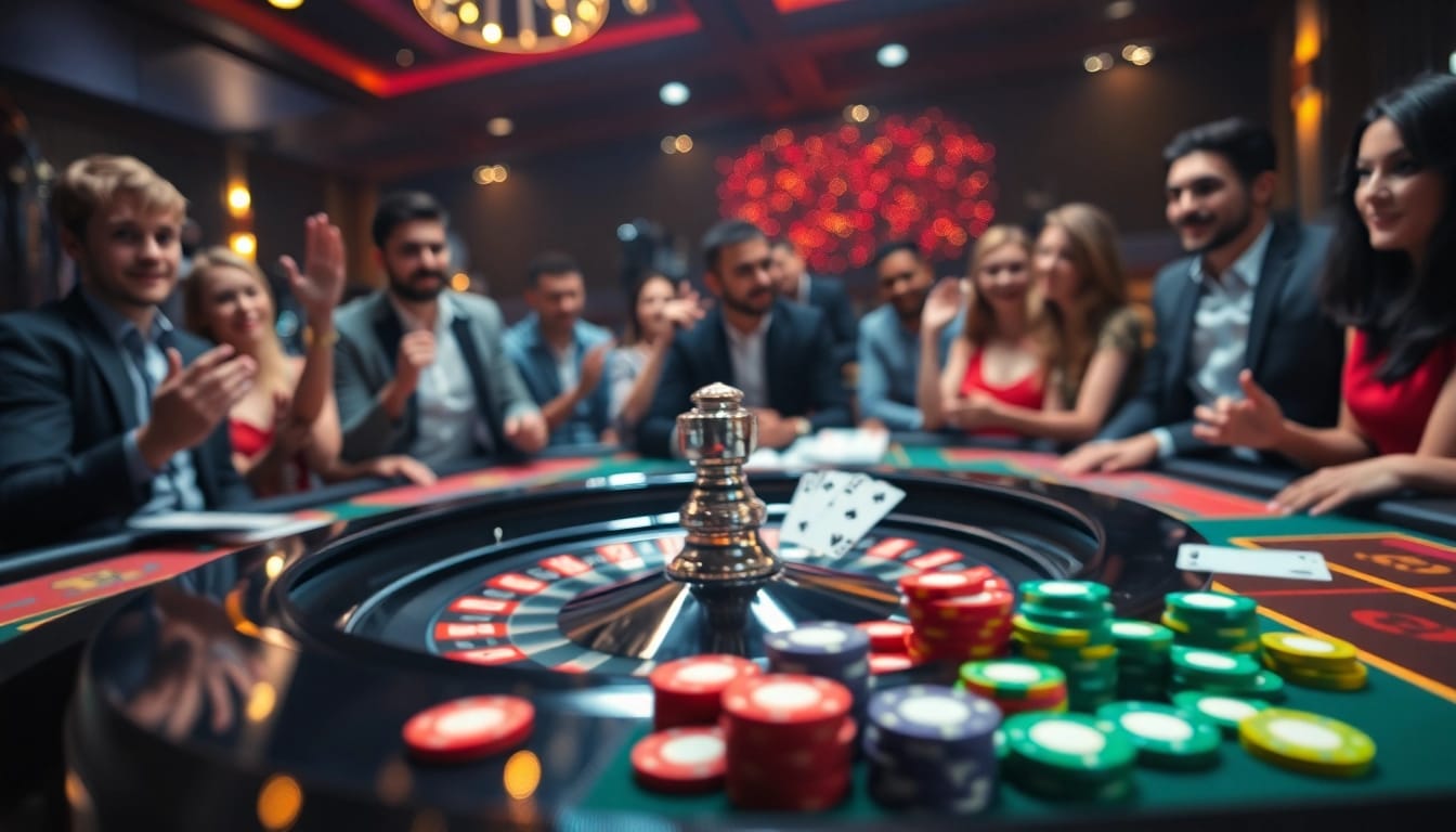 Arus hoki menampilkan suasana meja kasino yang mendebarkan dengan roda roulette dan kartu.