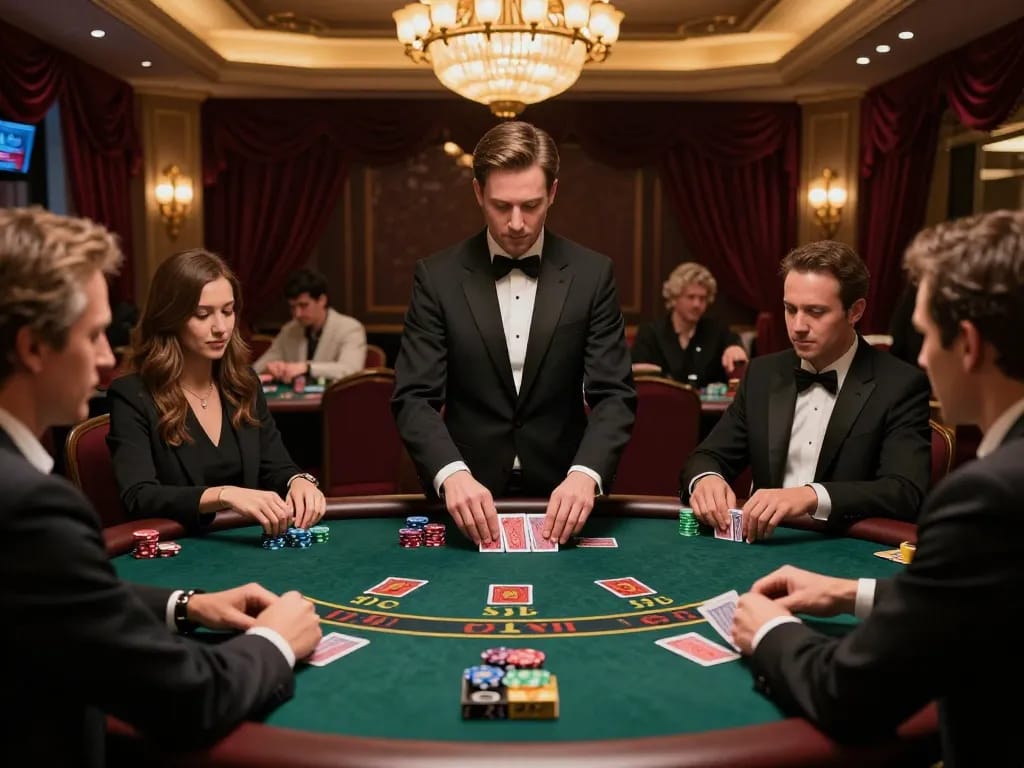 Engaging scene at the blackjack table at sc88.casino, showcasing players and dealers amidst a luxurious casino setting.