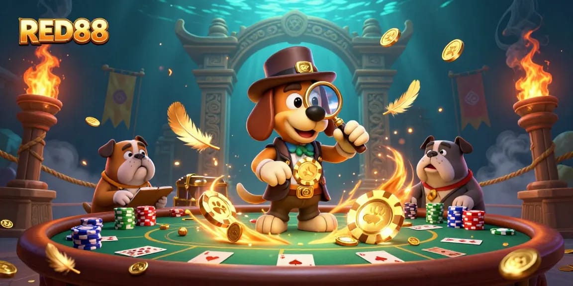 Engage with RED88’s thrilling poker adventure revealing treasures with chip stacks and playing cards.