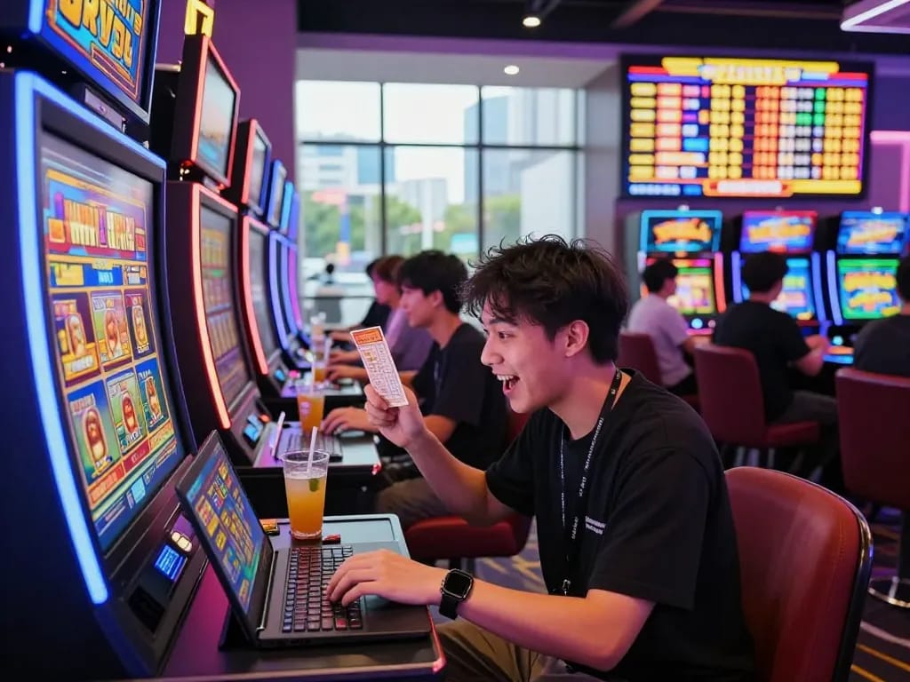 Pemain yang bersemangat menikmati laoban188 slot gacor dalam suasana kasino online yang cerah, menampilkan mesin slot berwarna-warni dan lampu permainan yang dinamis.