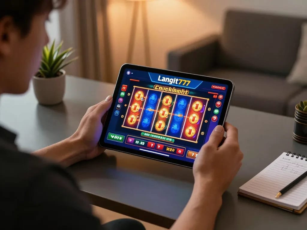 Player enjoying Langit777 online gaming with vibrant slot reels on a tablet.