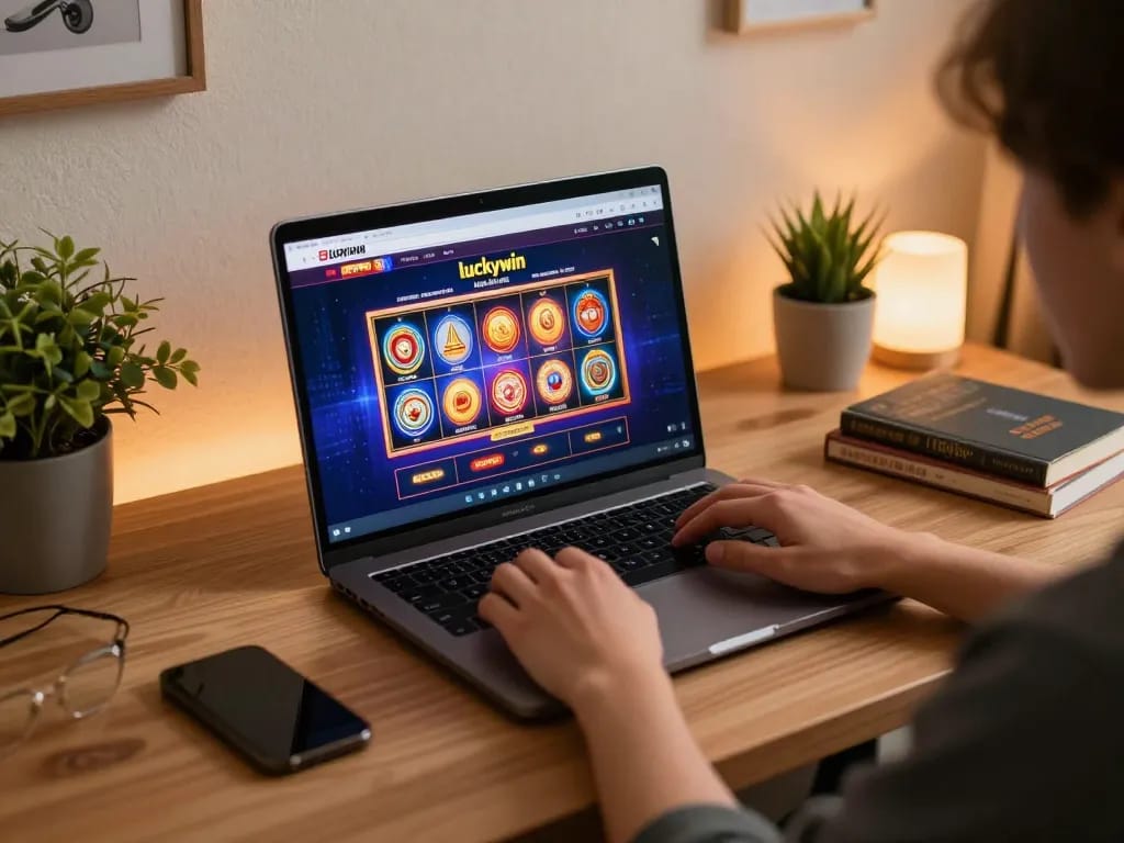 Engaging online gaming session on luckywin platform featuring vibrant slot interface and cozy home setup