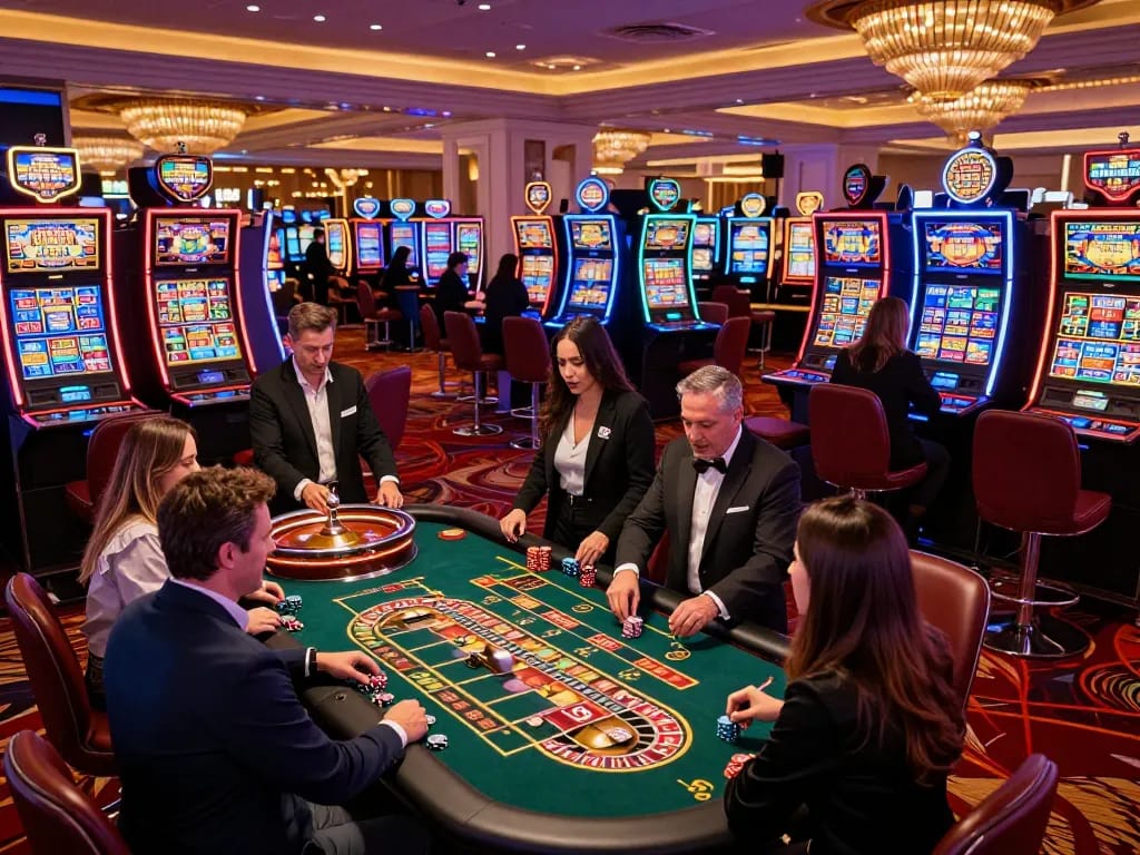 Players engaging in energetic roulette gameplay in a vibrant Go8 Las Vegas casino, with colorful lights and a professional dealer.