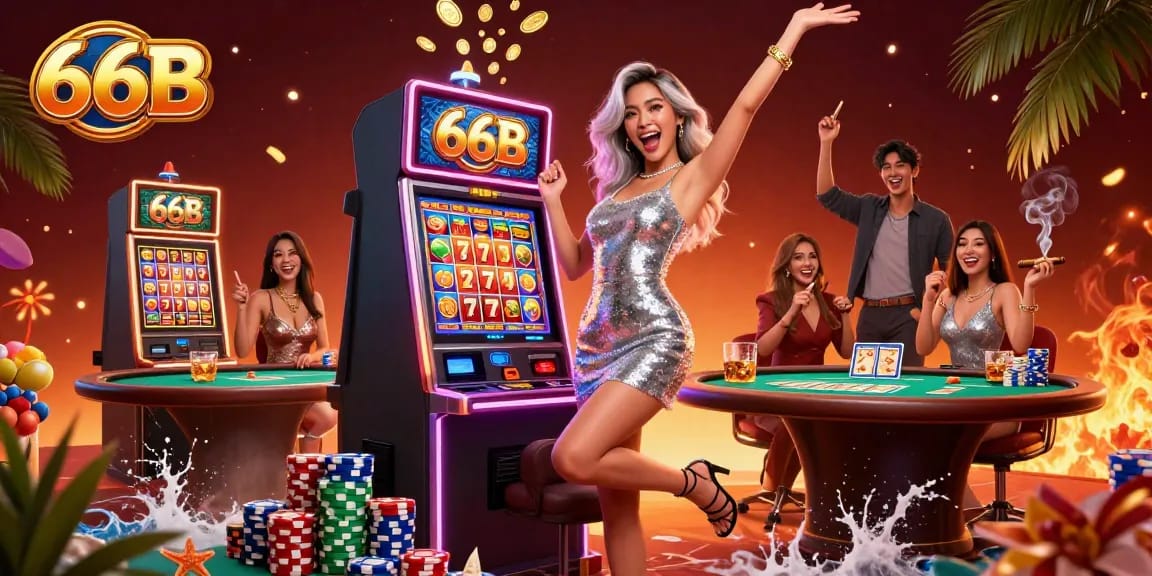 Celebrate big wins at 66B with a glamorous slot machine jackpot scene featuring exciting casino elements.